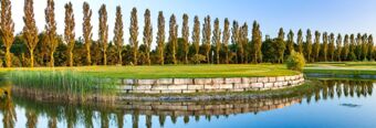 Golf course green surrounded by a stone wall and water with tall trees in the background at NH Hotel M&uuml;nchen Dornach