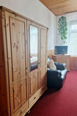 Jaukus pensiono "Zur Elbe" kambarys su didele medine spinta, odine sofa, komoda ir pakabinamu augalu.