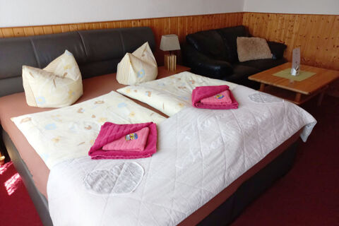 Jaukus "Pension Zur Elbe" vie&scaron;bučio kambarys su dvigule lova, dekoratyvinėmis pagalvėmis, raudonais rank&scaron;luosčiais ir svetainės zona su sofa.