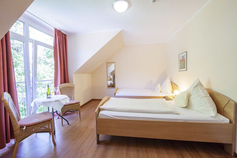 Světle zař&iacute;zen&yacute; pokoj v Land-gut-Hotelu Heidsm&uuml;hle se dvěma samostatn&yacute;mi lůžky, balkonem a &uacute;tuln&yacute;m posezen&iacute;m.