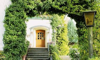 Der Eingang zum Hotel Pension Haus Hahnenbecke ist von gr&uuml;nen Kletterpflanzen umrahmt und zeigt eine holzfarbene Eingangst&uuml;r mit Stufen davor.