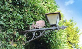 Eine dekorative Au&szlig;enlampe mit einem alten Wagenmotiv, umgeben von gr&uuml;nem Efeu, an der Fassade des Hotel Pension Haus Hahnenbecke.
