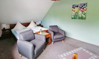 Modern eingerichtetes Zimmer mit zwei grauen Sesseln, Doppelbett und floraler Wanddekoration im Hotel Pension Haus Hahnenbecke.