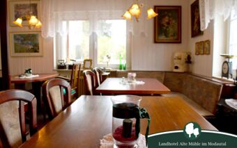 Gem&uuml;tlicher und traditionell eingerichteter Restaurantbereich mit Holztischen und ged&auml;mpfter Beleuchtung im Landhotel Alte M&uuml;hle.